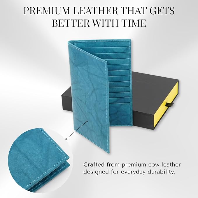 20 Card Wallet for Men, Long RFID Leather Credit Card Holder, Peacock Blue | 2 Bill Compartments | ID Window | Open Bifold | Organized Carry | Jacket Friendly