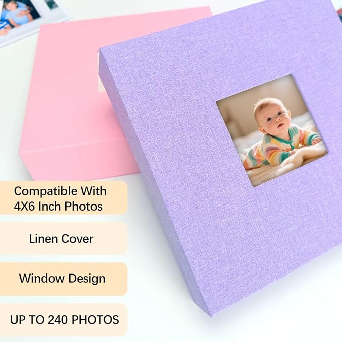 4x6 Photo Album Holds 240 Photos with Writing Space, Linen Cover Picture Book with Front Window for Family Wedding Baby Travel & Graduation Memories, Purple
