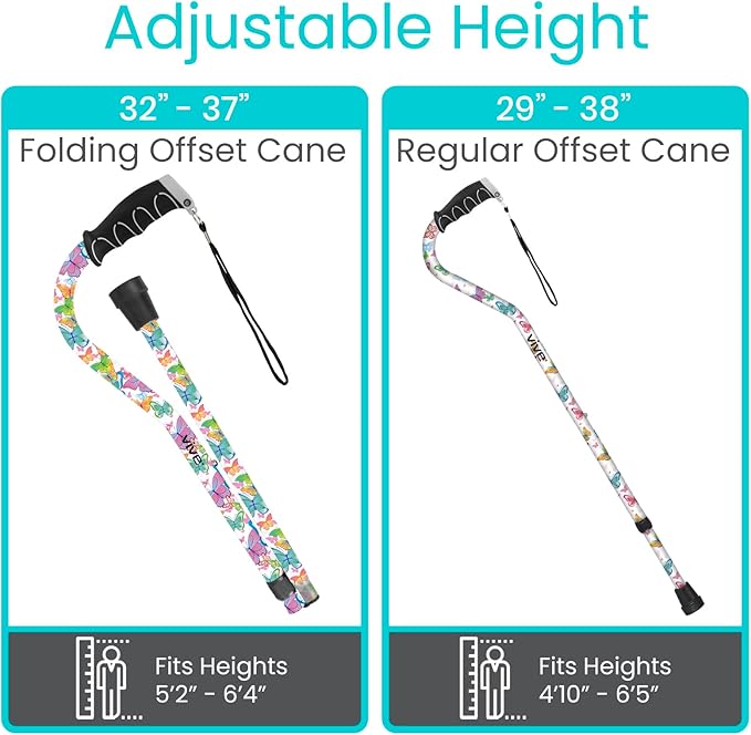 Vive Walking Cane for Women, Men, Elderly - Patented Offset Grip - Lightweight Adjustable Walking Aid with a Non-Slip Tip - Sturdy Balancing Mobility Aid for Seniors