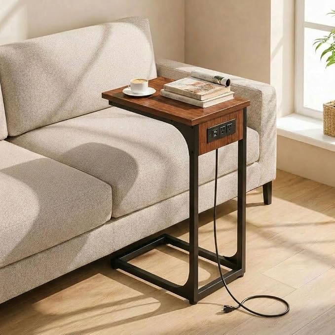 TEMI C Shaped End Table for Couch with Charging Station, Small Side Table TV Tray for Eating or Laptop, Accent Desk for Sofa or Chair, Space Saving Living Room Bedroom, Rustic Walnut