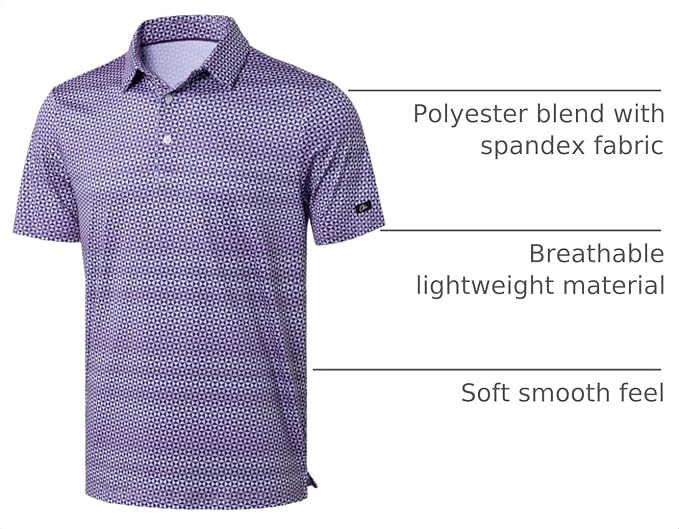 Obla Mens Golf Polo Shirts Short Sleeve Dry Fit Performance Moisture Wicking Casual Print Collared Golf Shirts for Men