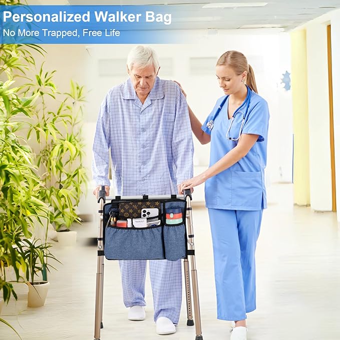Xlajiao Walker Bag with Cup Holder, Premium Walker Basket for Folding Walker, Foldable Walker Storage Bags for Seniors with Big Capacity & Water Resistant, Blue