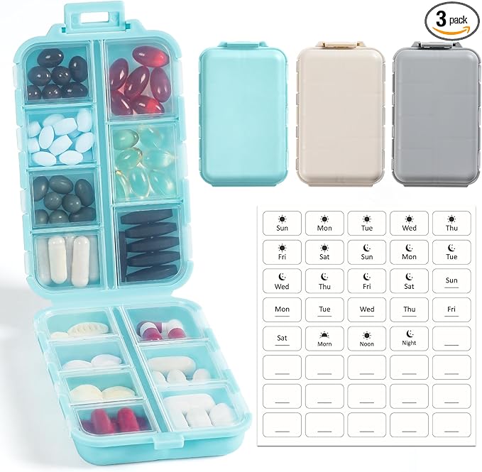 3 Pack, 14 GRIDS Travel Pill Organizer Box with Labels - Travel Medicine Case Kit - Pocket Daily Pharmacy Container - Travel Medication Holder Dispenser for Fish Oil Vitamin Supplement Storage