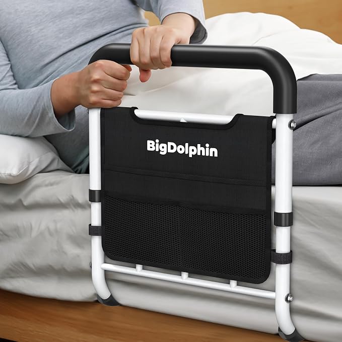 Bed Rails for Elderly Adults Safety - ASTM Approved, Adjustable Bed Cane with Non-Slip Ergonomic Handle & Storage Pocket, Bed Railings for Seniors Support 400 LBS, Tool-Free Assembly