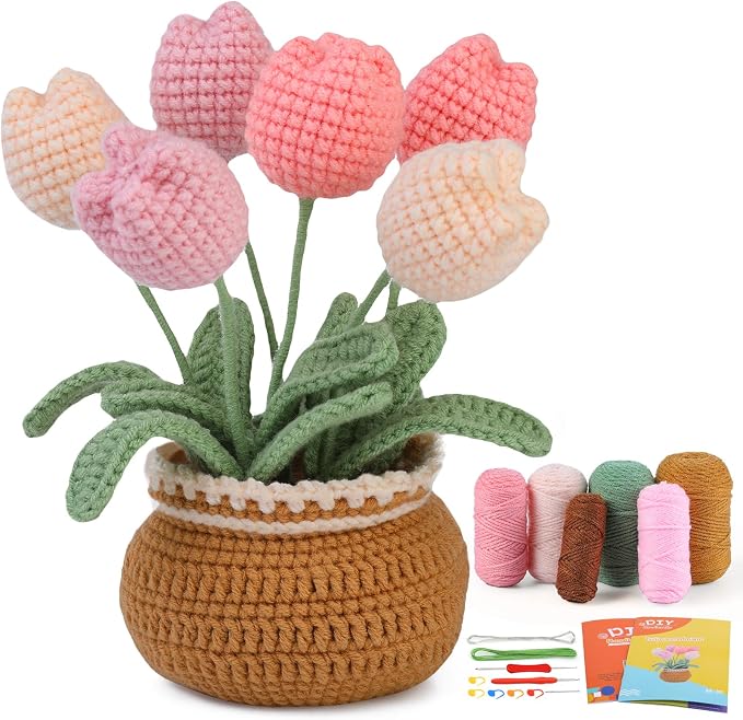 kgxulr Crochet Kit for Beginners, Tulip Crochet Starter Kit Beginner for Complete Beginners Adults, Crocheting Knitting Kit with Step-by-Step Video Tutorials (Tulip)
