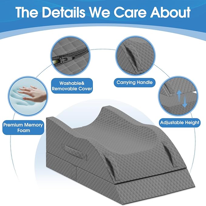 TranquilRelax Elevation Pillows for Leg After Surgery, Memory Foam Adjustable Wedge Pillow for Injury or Rest, Ankle Pillow for Sleeping Blood Circulation, Full Grey/Double Leg