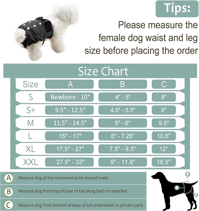 Washable Female Dog Diapers 5 Pack - Doggie Reusable Small Medium Large Dog Diapers for Doggy Puppy Female in Period - Highly Absorbent Dog Heat Panties,S Plus,Black