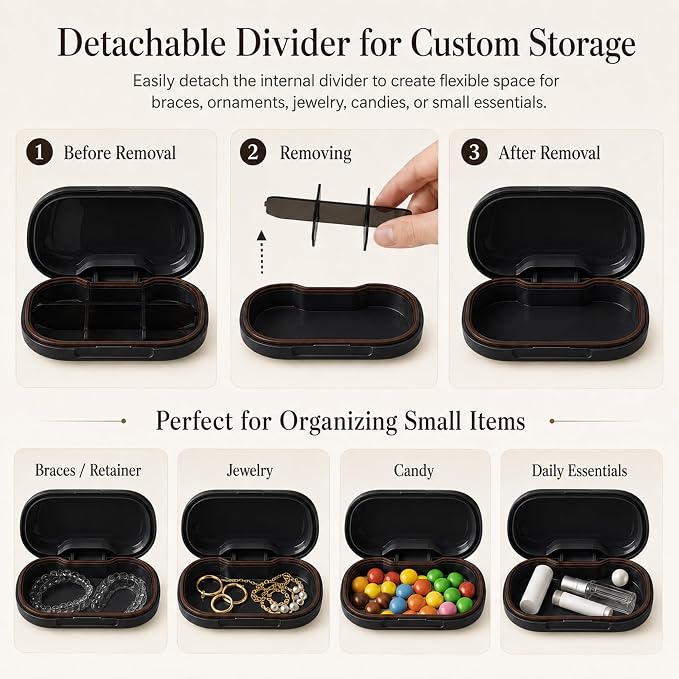 HyJeryty 6-Compartment Pill Organizer - Small Compact Travel Pill Case for Vitamins, Medication and Supplements - Portable Black Medicine Pill Box with Stylish Design