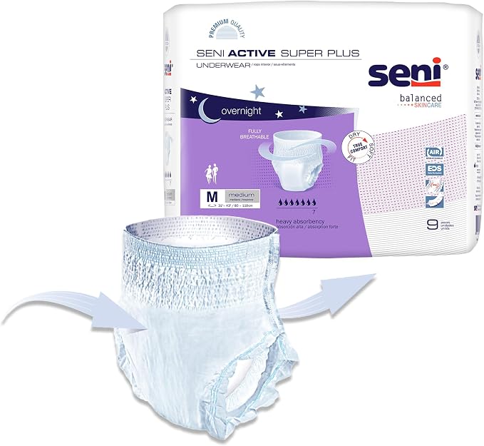 Seni Active Super Plus Unisex Adult Incontinence Underwear, Heavy Absorbency, Pull On Disposable Overnight Underwear for Men & Women (Medium, 9, Count)