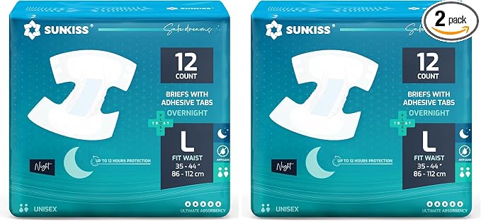 SUNKISS TrustPlus Overnight Adult Diapers with Tabs, Unisex Disposable Incontinence Briefs for Men and Women, Odor Control, Large, 12 Count (Pack of 2)