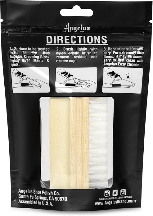 Angelus Suede & Nubuck Cleaner Kit - 1 Cleaning Eraser Block and 1 Nylon Bristle Brush - Eliminates Stains, Removes Spots, Restores Nap - for Leather Suede Shoe, Handbags, Jackets, Boots, Furniture