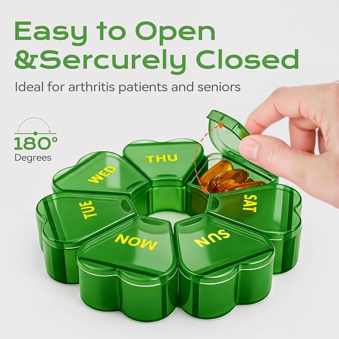 Pill Organizer Weekly - Cute Medicine Pill Organizer 7 Day, Large Daily Pill Box for Travel, SHIJOINYU Pill Dispenser Case 1 Time a Day for Medication/Supplement/Fish Oil (Green)