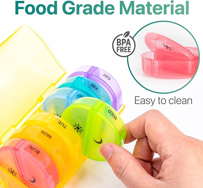 Sukuos Large Weekly Pill Organizer 2 Times a Day, Daily Pill Box 7 Day Easy to Open with Double Protection, AM PM Pill Case for Medicine/Vitamin/Fish Oil/Supplements (Yellow)