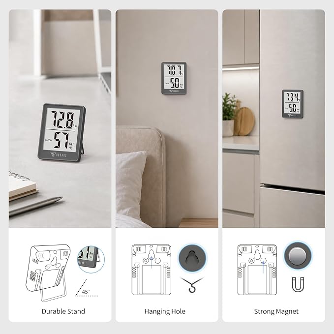 DOQAUS 3 Pack Digital Hygrometer Indoor Thermometer Humidity Monitor, Grey | Humidity Meter Mini Hygrometer with Accurate Temperature and Humidity Monitor for House, Baby Room, Greenhouse, Incubator