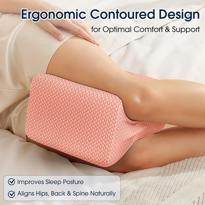 BlissTrends Memory Foam Knee Pillow, Knee Pillow for Side Sleepers, Leg Pillows for Sleeping Blood Circulation, Elevation Pillow for Spine Aligning, Sciatica, Back, Hip, Knee, Ankle Pain, Pink