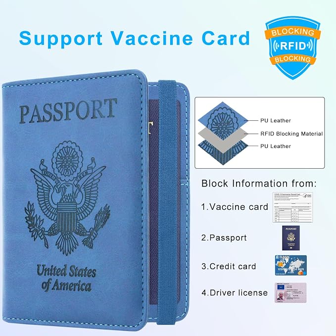 ACdream Passport and Vaccine Card Holder Combo, Cover Case with CDC Vaccination Card Slot, Leather Travel Documents Organizer Protector, with RFID Blocking, for Women and Men, C - Light Blue,