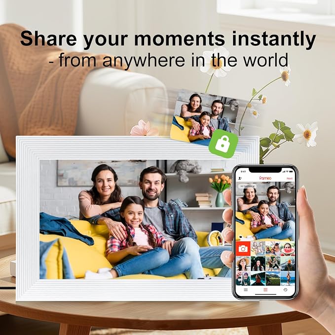Frameo White 10.1 Inch Smart WiFi Digital Photo Frame,Digital Picture Frame Wi-Fi with 32GB Storage & SD Slot, Electronic Picture Frame IPS Touch Screen with Auto-Rotate, Gifts for Mom, House Warming