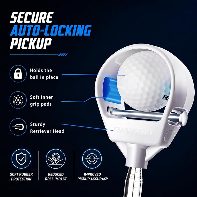 CHAMPKEY Upgraded Auto-Locking Golf Ball Retriever Performance Version - Thicken Telescopic Shaft Golf Ball Picker - High Durability and Stability Golf Retriever