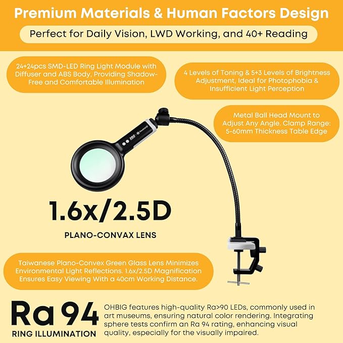 HWATANG OHBIG x MADWORKS 1.6x/2.5D/100mm Dimming Toning LED Magnifying Glass - Green Glass Lens, Daily Vision, Insect Observation, Soldering, Ra 94 Ring Light, 40+ Reading Magnifier (w/Desk Clamp Kit)