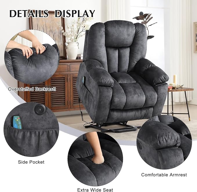 Large Power Lift Recliner Chair with Massage, Heat, and USB for Elderly, Overstuffed Wide Recliners, Heavy Duty and Safety Motion Reclining Mechanism, Gray