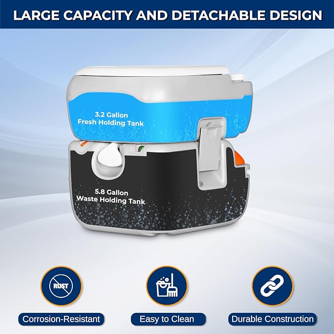SereneLife 5.8 Gal Portable Camping Toilet For Adults, 120+ Flushes Porta Potty Camp Toilet with Detachable Waste Tank, Level Indicator, Carry Bag, Suitable for Camping, Hiking, and Boating