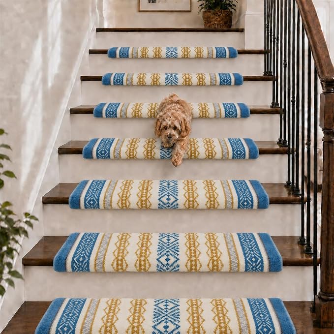 Rounded Bullnose Carpet Stair Treads for Wooden Steps Indoor, No Tape Non Slip Step Mats with TPU Backing & Steel Reinforced Edge for Dogs Elders,Teal Stripe,28