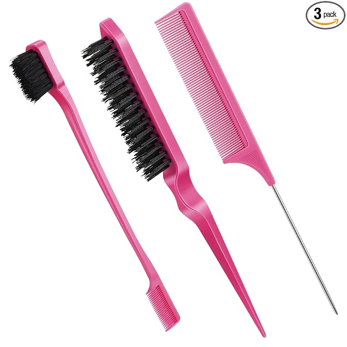 Geiserailie 3 Pcs Slick Back Hair Brush Set Bristle Brush Edge Control Teasing Comb for Women Black Hair(Rose Red)