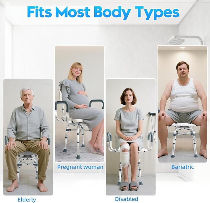 Swivel Shower Chair for Inside Shower with Arms and Back 500 lbs Heavy Duty Rotating Shower Seat for Bathtub Fully Adjustable Safety Bath Chair for Elderly Adults Disabled and Bariatric