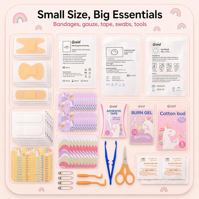 Graid Kids First Aid Kit 88 Pcs—Unicorn Waterproof Travel First Aid Kit for Toddlers, Children& Family | Compact Portable Mini Kit for Car, Camping, School, Backpack & Diaper Bag