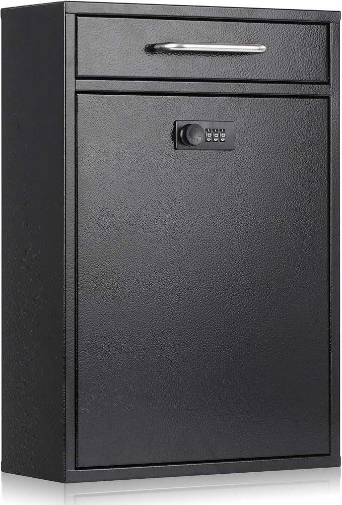 xydled Wall Mount Mailboxes with Combination Lock, Wall Mail Box for Outside, Locking Mailbox with Lock, Hanging Secured Postbox, Security Key Drop Box, 17.6H x 12.2L x 5.7W Inches, Black, XL Large