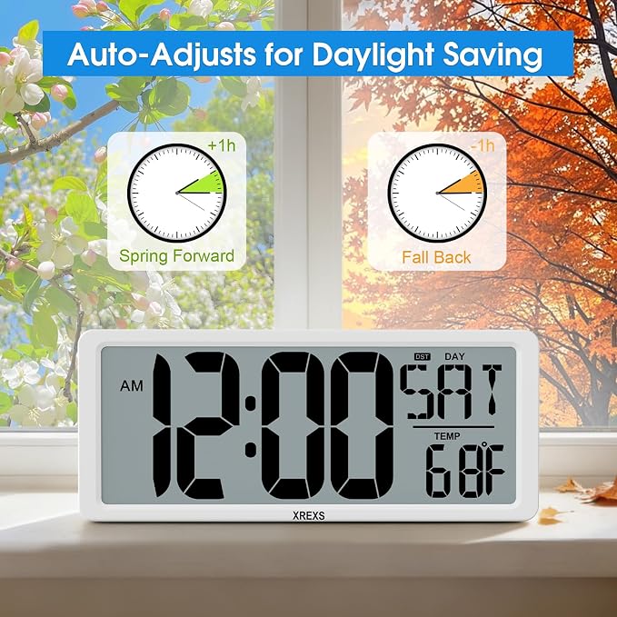 XREXS Large Digital Wall Clock, Electronic Alarm Clocks for Bedroom, Count Up & Down Timer, Battery Operated 14.17 Inch Large LCD Screen with Time/Date/Temperature Display