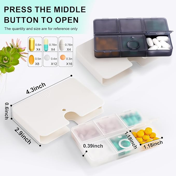 Portable Pill Organizer, 6 Compartments Travel Pill Case for Purse or Pocket -Small Pillbox Semi Transparent Black with Locking Hole (1 Transparent White)