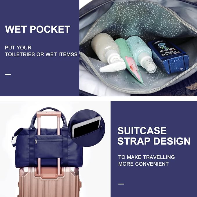 Womens travel bags, weekender carry on for women, sports Gym Bag, workout duffel bag, overnight shoulder Bag fit 15.6 inch Laptop (Large, Navy Blue)