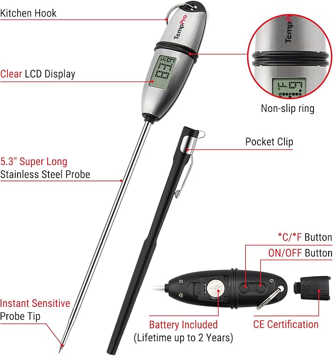 TempPro TempSwift 1 Sec Meat Thermometer Digital for Kitchen Cooking Food | 2 Pack, 5.3 inches Super Long Stainless Steel Probe, Bread Baking Sourdough Liquids Oil Frying Candy Making Accessories Gift
