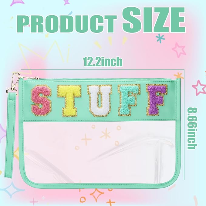 BuyCard Clear Stuff Bag for Travel, Preppy Chenille Letter Embroidered Zipper Pouch, Waterproof PVC & PU Leather Clear Cosmetic Bag, Toiletry Makeup Bag for Women Girls Mint Green