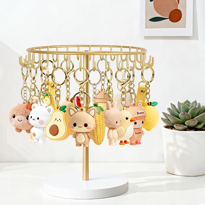 Dahey Keychain Holder Display Stand for Vendor, 30 Hooks Organizer for Desk | Space-Saving, Versatile Storage Keychain Bracelets Bag Charms, Sturdy Wood, Easy Assembly, for Study Entryway Decor, Gold