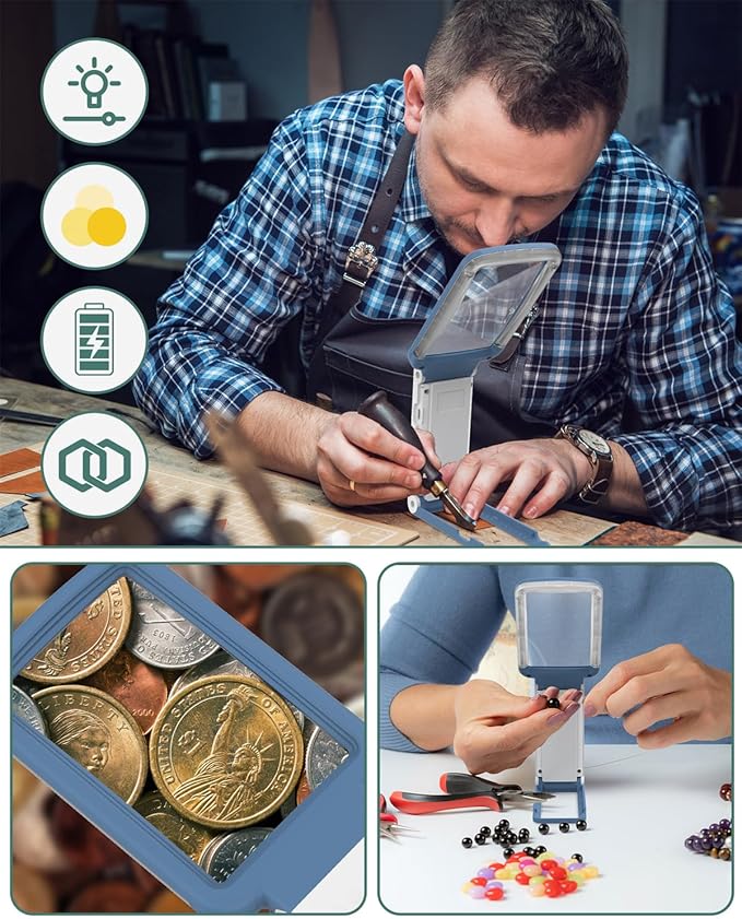 15X Magnifying Glass with Light and Stand, Rechargeable Folding Handheld Real Glass Magnifier, 3 Color Modes Dimmable Lighted Page Magnifying Sheet for Seniors Low Vision Small Prints - Blue White