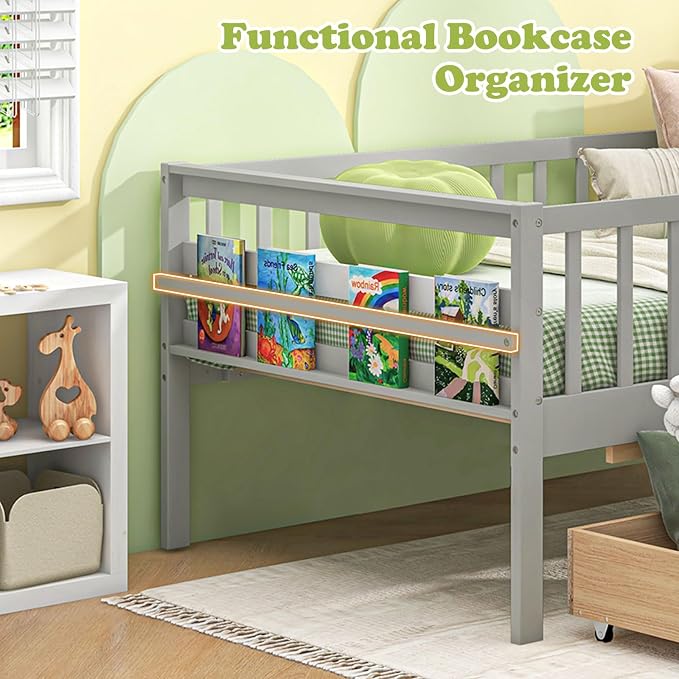 Giantex Twin Kids Bed with Storage Drawers, Wood Montessori Bed with Rails & Side Shelf, Low Daybed for Boys, Girls, No Box Spring Needed (Grey)