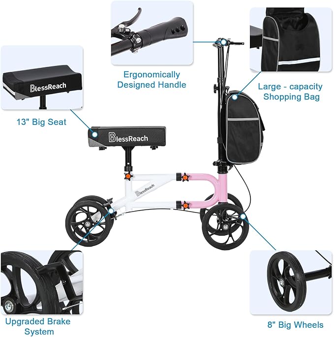 Economy Knee Scooter Steerable Knee Walker for Foot Injuries Compact Crutch Alternative with Dual Braking System (Pink)