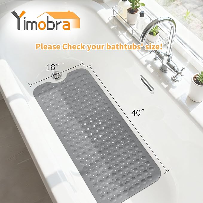 Yimobra Non Slip Bathtub Mat 40 x 16 Inch, Extra Long Shower Mat with Drain Holes, Machine Washable Baby Bath Mats, Strong Suction Cups for Bathroom Floor, Grey