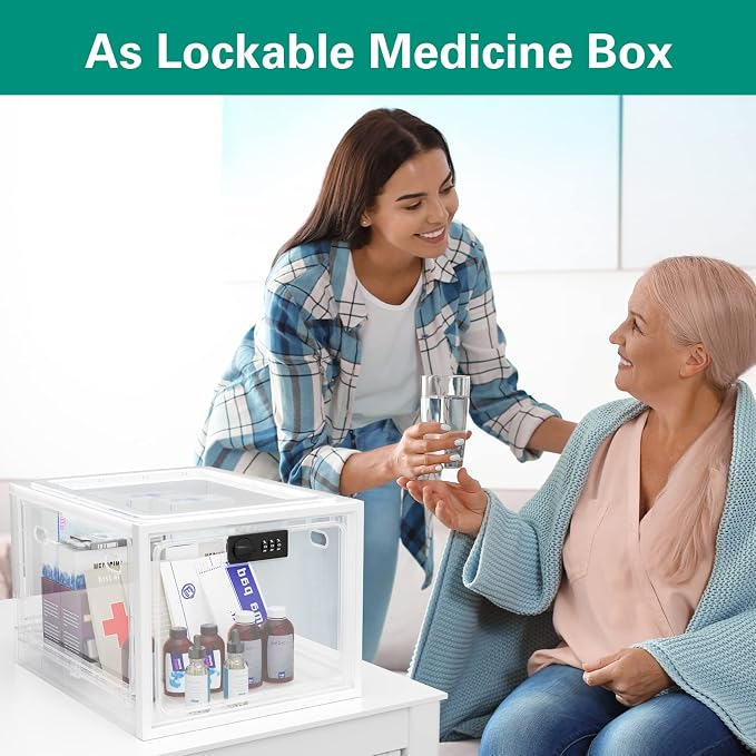 Large Medication Lock Box with Code, Clear Lockable Storage Box for Refrigerator, Cabinet & Dorm, Stackable Medicine Box for Prescriptions, Snacks, Phone, 11.9" x 9.3" x 7.6", White