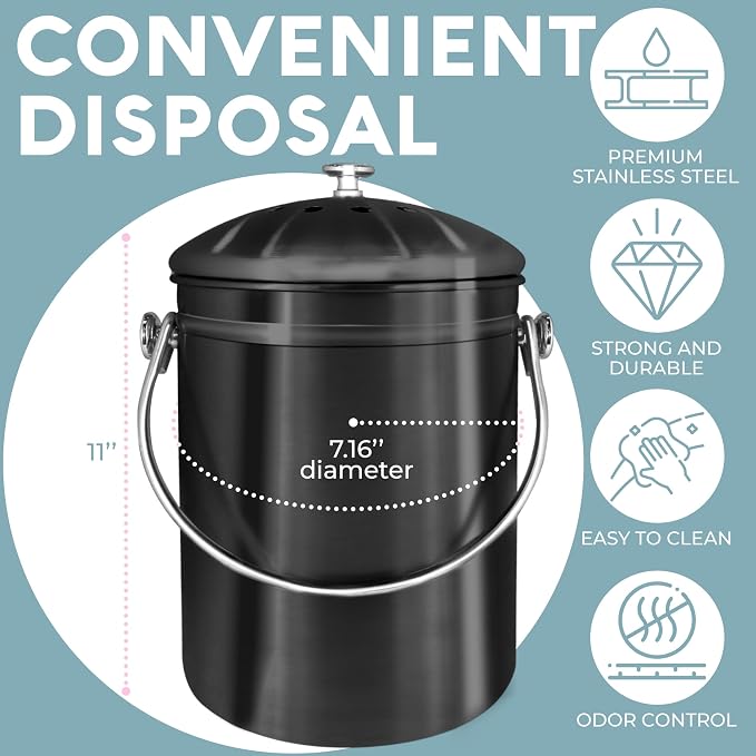 Epica Kitchen Compost Bin for Kicthen Countertops, 1.3 Galllon - Black