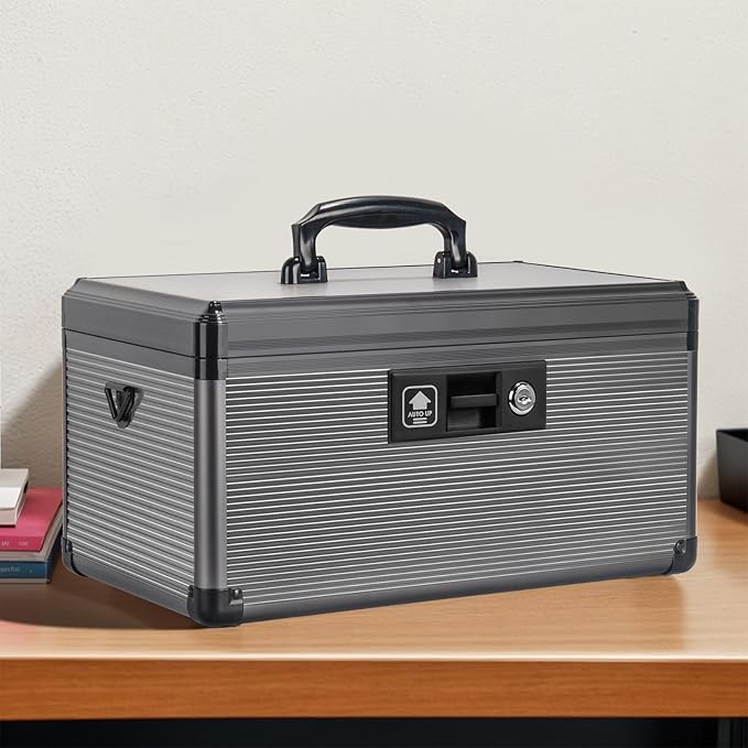 Medicine Lock Box with Key, Alluminum Alloy Box for Medication,First Aid Box with a Removeable Tray to Store Medicines & Pills for Home, Black, 14 * 8.46 * 7.48 Inch