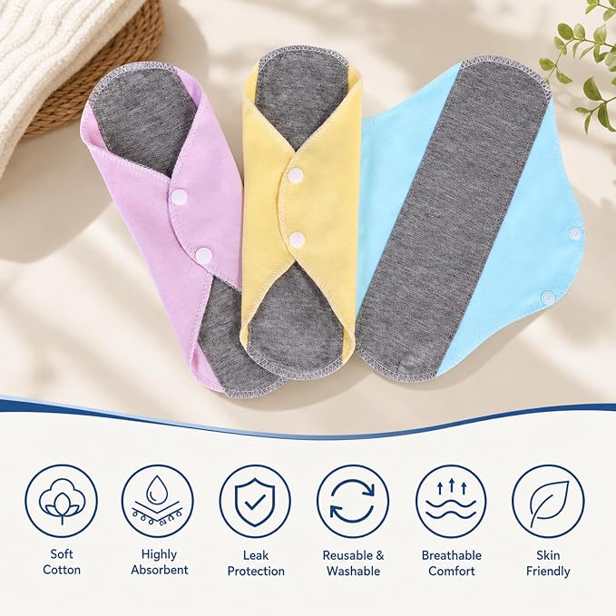Reusable Incontinence Pads, 9-Pack Washable Cotton Bladder Leakage Protection, Heavy Flow Postpartum Recovery, Overnight Security for Active Women and Elderly Care, Polyester and Cotton Blend Fabric