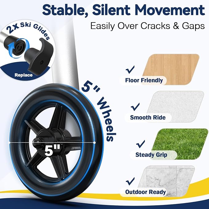 Folding Walkers for Seniors with Basket and Glide Skis, 5" Wheels Lightweight Rolling Walker, Support Up to 350 lbs, Height Adjustable Standard Compact Walker, Silver