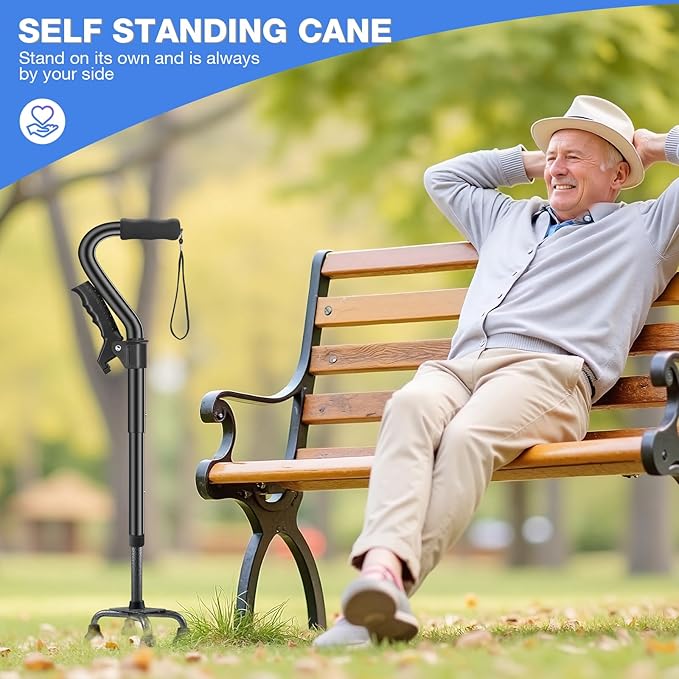 Quad Cane, 4 Prong Walking Cane for Men & Women, Heavy Duty| Adjustable Walking Canes for Seniors Balance, Self Standing Cane with Ergonomic Handle(330lb)
