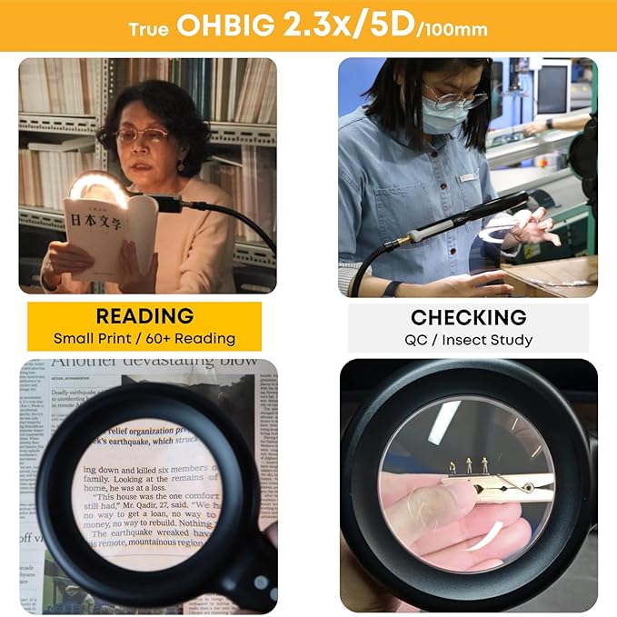 HWATANG OHBIG x MADWORKS 2.3x/5D/100mm Dimming Toning LED Magnifying Glass - K9 White Glass, Model Assembly, Soldering, Ra 94 Ring Light, 60+ Seniors Reading Magnifier (Handheld)