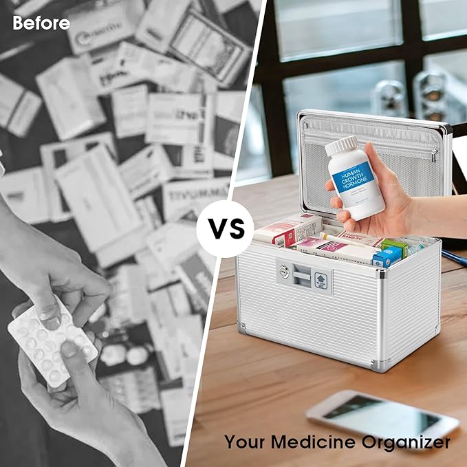 Medicine Lock Box with Key, Alluminum Alloy Box for Medication,First Aid Box with a Removeable Tray to Store Medicines & Pills for Home, Silver 12 * 7.68 * 7.87 Inch