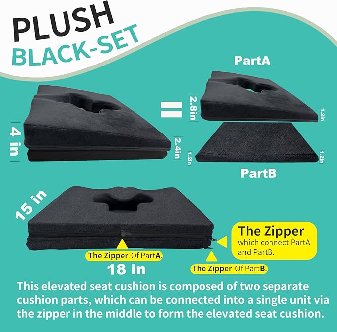 Gel Wheelchair Seat Cushion,Bed Sore Cushions for Butt,Pressure Sore Cushion for Office Chairs,Sciatica,Coccyx,Pain Relief Butt Pillow,Washable Cover.(Plush-Fabric&Support-Enhanced Set Black)