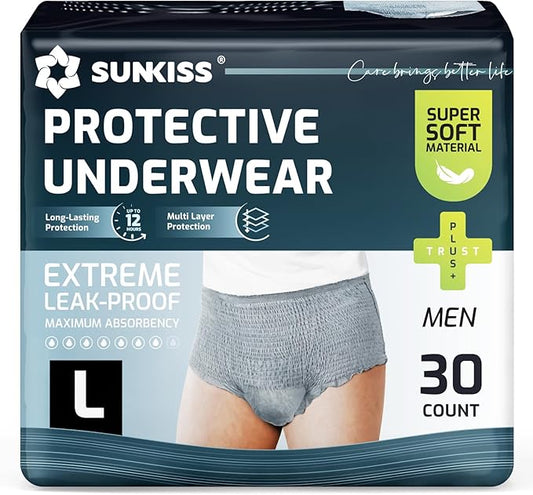 SUNKISS Incontinence Underwear for Men,Daytime Disposable Adult Pull Ups, Mens Protective Briefs with Maximum Absorbency, Large, Grey, 30 Count